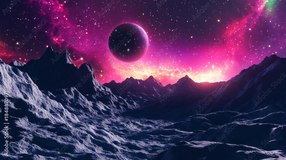 Obraz premium Majestic alien vista jagged mountains, vibrant nebula, purple planet, starry night sky