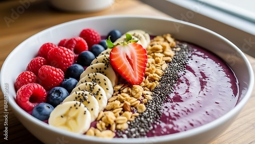 Colorful fruit and granola smoothie bowl