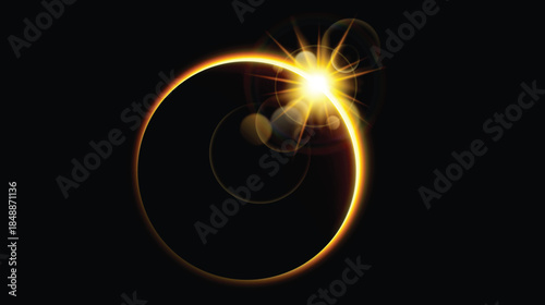 Solar eclipse background. Horizon light beam effect. Sunrise light, round sparkling rays. Vector