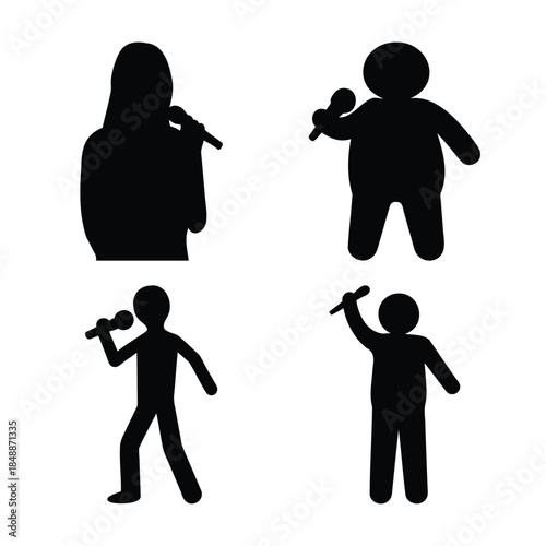 Set of diverse people silhouettes performing with microphones