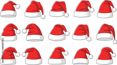 Santa hat collection set isolated on white background, red Christmas caps, festive holiday accessories, winter celebration illustration vector pack