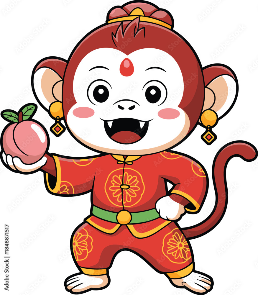 Naklejka premium Cartoon monkey wearing red traditional outfit holding peach