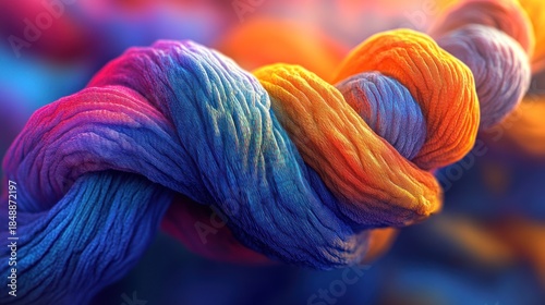 Vivid close-up of an intricate, twisted, multi-colored fiber, with soft focus and texture