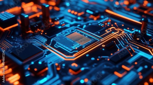Close-up of a glowing, intricate circuit board with orange and blue illumination