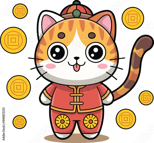 Cute cartoon cat wearing red traditional outfit with gold coins