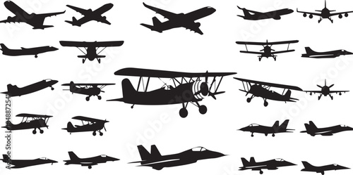 Collection of various airplane silhouettes isolated on white background