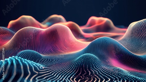 Abstract digital landscape depicts flowing, colorful lines forming rolling hills against a dark backdrop
