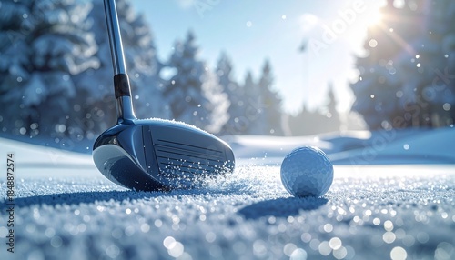 Golf ball and club resting on lush green grass ready for a swing