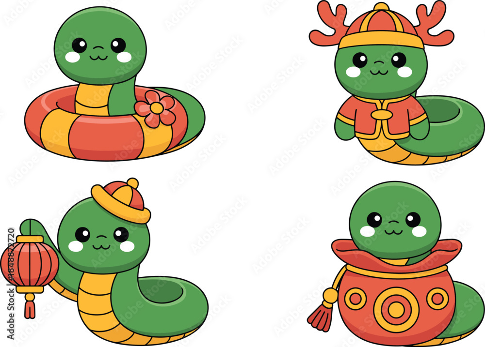 Fototapeta premium Four Cute Green Snakes with Colorful Accessories cute cartoon