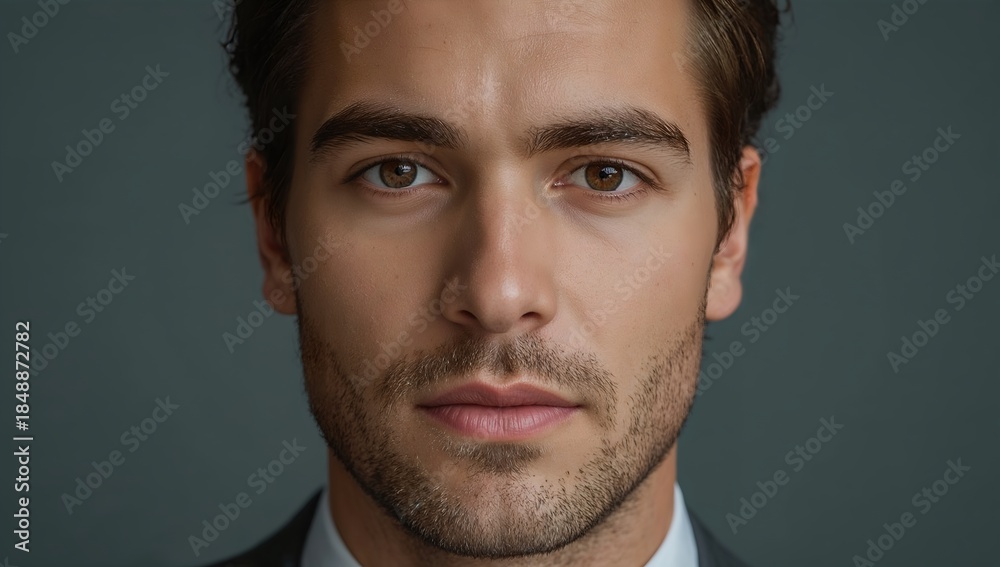 Fototapeta premium A close-up portrait of a handsome man with a serious expression. The man has a chiseled jawline, with neatly groomed hair, and piercing eyes. He exudes confidence and sophistication.
