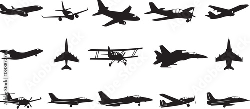 Collection of various airplane silhouettes isolated on white background