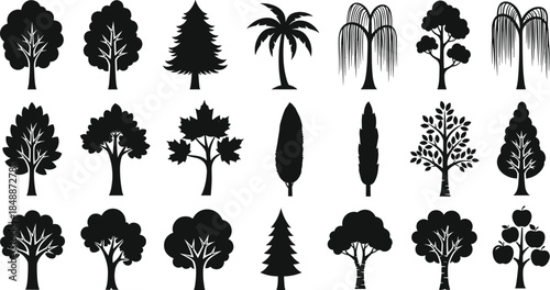 Tree icon collection, black silhouette forest elements, nature symbols, deciduous evergreen palm trees, minimal vector illustration set