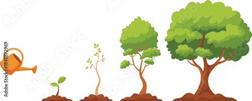 Green Tree Growth Stages with Watering Can brown