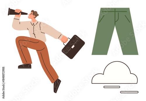 Person holding case and using a telescope, green pants icon, and cloud symbol. Ideal for business growth, vision, exploration, focus, strategy goal setting abstract thinking. Simple flat metaphor