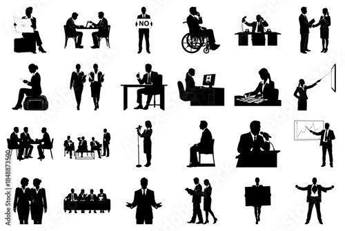 Business People Silhouettes in Office and Meeting Scenarios Keywords: business, silhouette