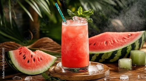 Refreshing red drink in tall glass w/ mint, ice, & watermelon on wood, tropical vibe