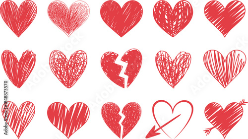 Red hand-drawn heart with various patterns and styles