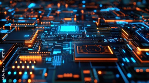 Intricate detail of a computer motherboard with glowing orange and blue circuitry