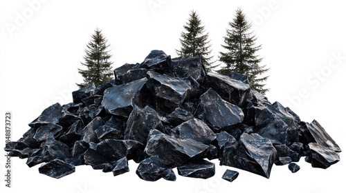 A pile of dark, jagged rocks with three coniferous trees in the background on a white background