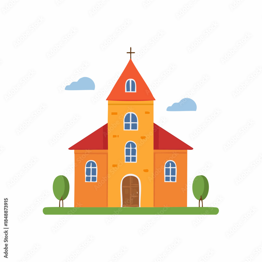 Naklejka premium Cartoon Church Building Illustration with Cross, Clouds, and Trees - Colorful and Bright Church Architecture