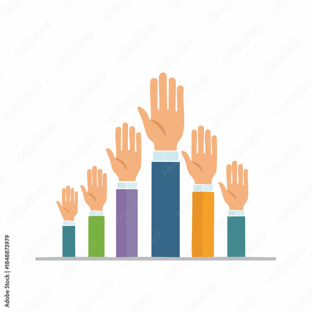 Fototapeta premium Group of Diverse Hands Raised in Unity and Participation Colorful Sleeves Gesture