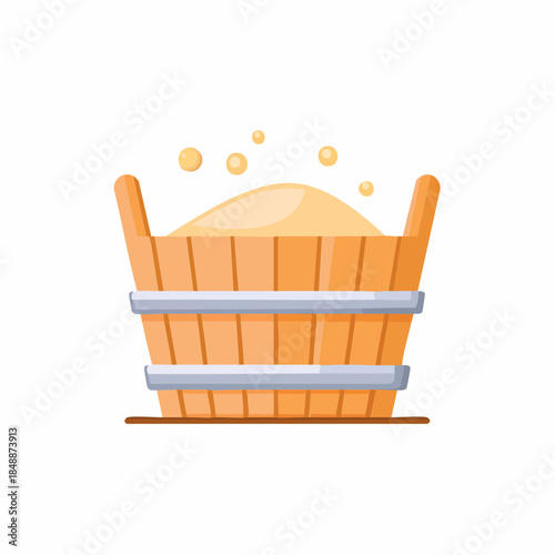 Wooden Pail With Sand for Children's Games: Summer Fun, Building Sandcastle, Cartoon Style