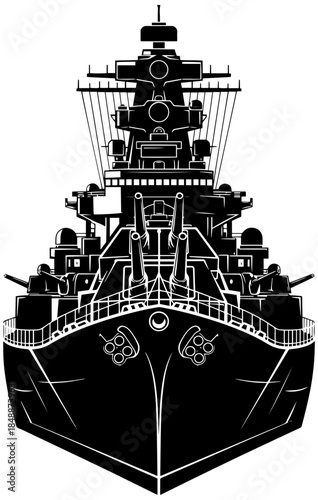 Black and white illustration of a battleship with guns and military equipment