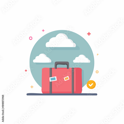 Charming pink suitcase with travel stickers against a serene sky and clouds evokes wanderlust and the joy of exploring new destinations