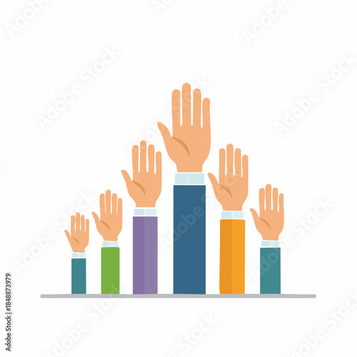 Group of Diverse Hands Raised in Unity and Participation Colorful Sleeves Gesture