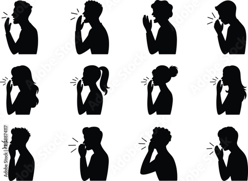 Silhouettes of People Coughing and Sneezing into Hands