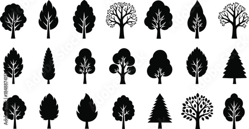 Tree silhouette icon set with various deciduous and evergreen shapes, forest nature elements, black vector illustration collection design