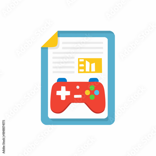 Game application document. Flat vector illustration of a videogame controller on a file with graphs, isolated on white.