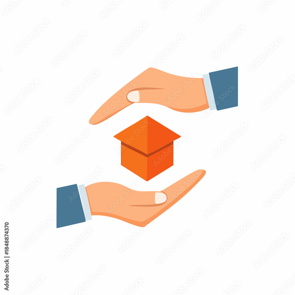 Naklejka premium Home security concept: Two hands protecting a small orange house model in graphic style.