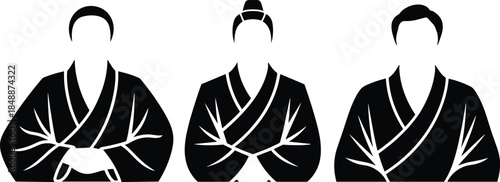 Three Black and White Silhouettes of People in Traditional Garb