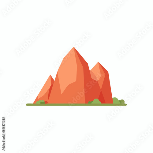 Three Red Rock Formations with Green Vegetation at Base in a Simplified Style Illustration on Plain Background