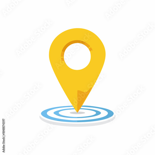 Yellow location pin icon on target circle illustration for maps or directions