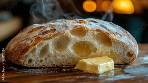 Freshly baked artisan bread with steam rising, cut open to show airy interior; melting butter