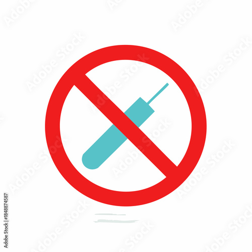 Prohibition Sign with Syringe Depiction in Red Circle and Blue Fill Icon on White