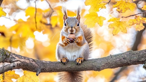 A fluffy squirrel with a nut sits perched on a tree branch, surrounded by yellow autumn leaves