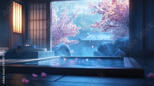 Tranquil interior with open window showing cherry blossom, rocks, and water