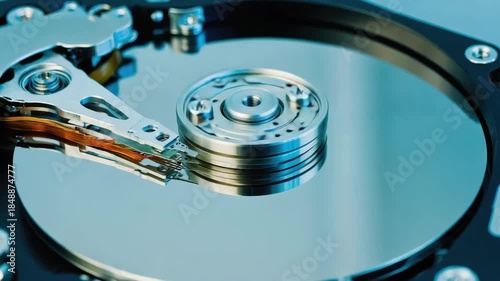 A close-up view of the platter and spindle in an internal hard drive.