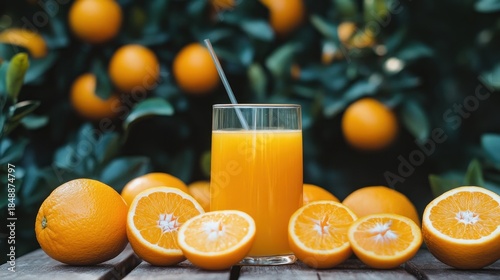 Glass of juice with oranges, halved oranges on a wooden surface. Orchard background