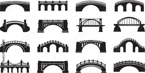Collection of various bridge silhouettes in black and white