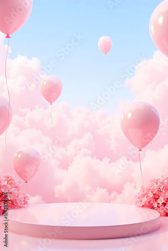 Soft Pink Clouds with Floating Heart Balloons in a Dreamy Sky