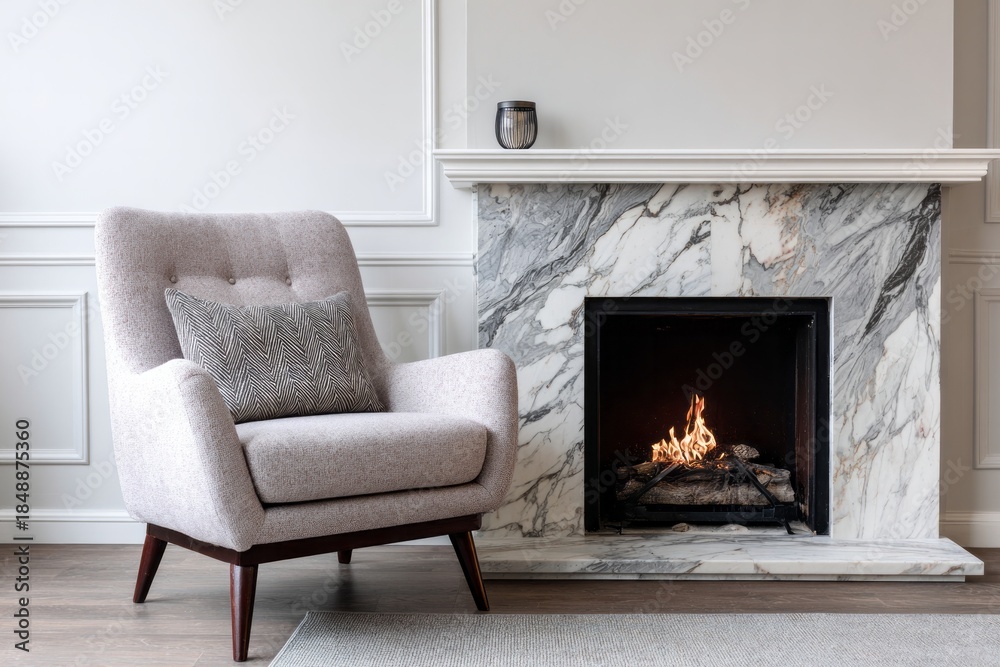 Naklejka premium Comfortable upholstered chair sits beside a sophisticated marble fireplace with a warm fire burning