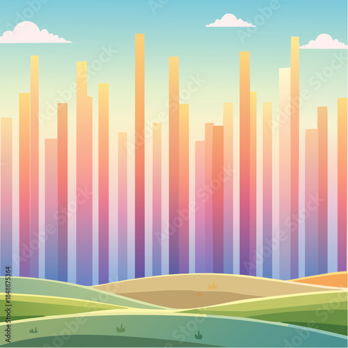 Paysage urbain stylisé avec gratte-ciel colorés et collines verdoyantes
