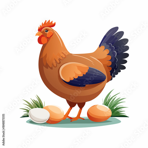 Une jolie poule et ses oeufs, isolé sur fond blanc 