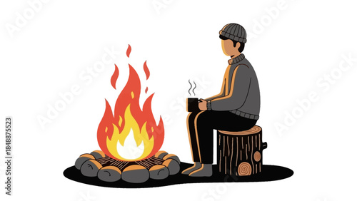 Cozy person enjoying a warm campfire outdoors, holding a steaming mug on a tranquil evening