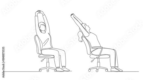 Continuous line drawing of a person sitting on an office chair and stretching their arms overhead and back