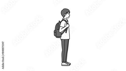 Clean vector drawing of a standing individual with a backpack, viewed from the side, a simple representation of a student or traveler's journey